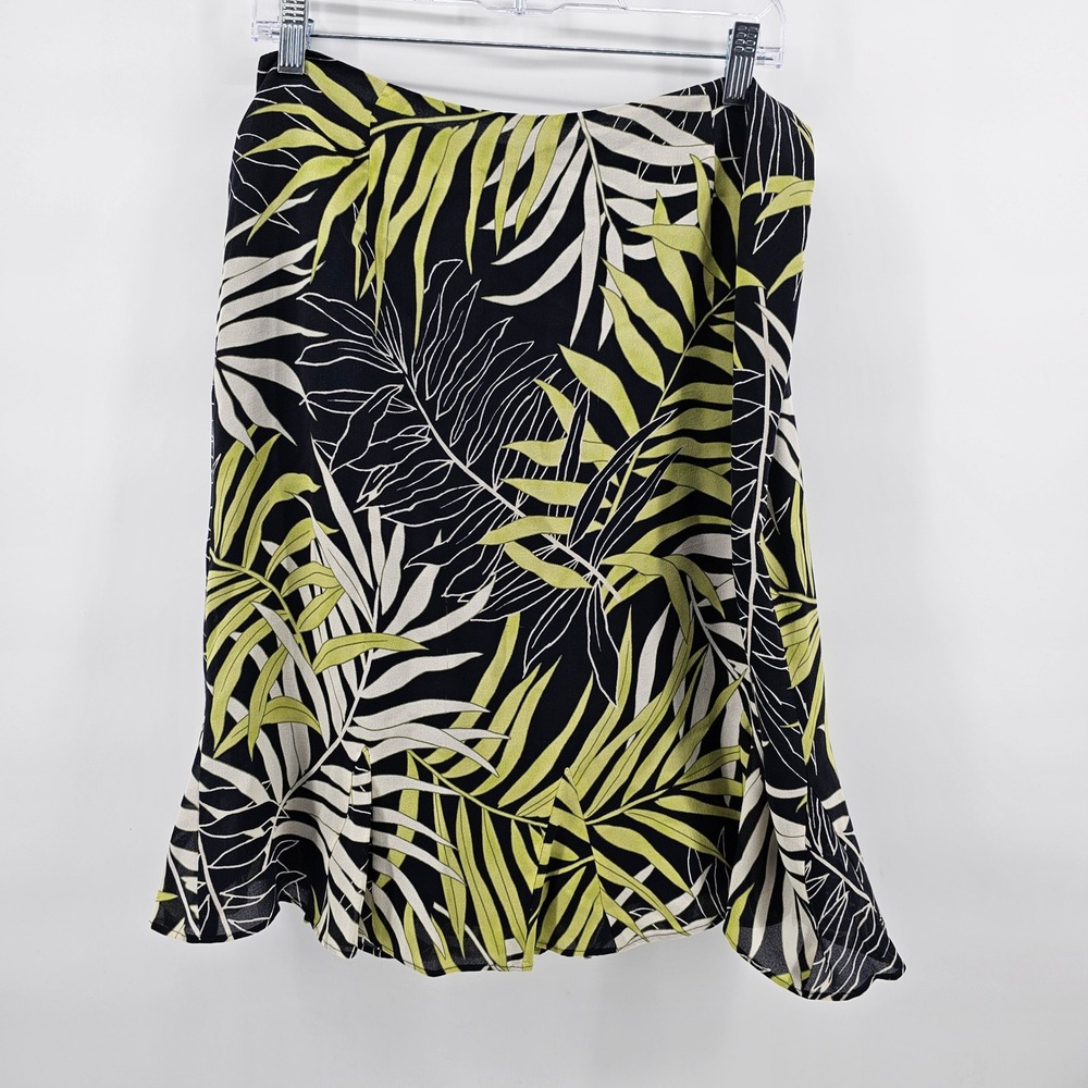 Talbots Petites Skirt Womens 14P Black Lime Green Silk Tropical Palm Leaf A-Line